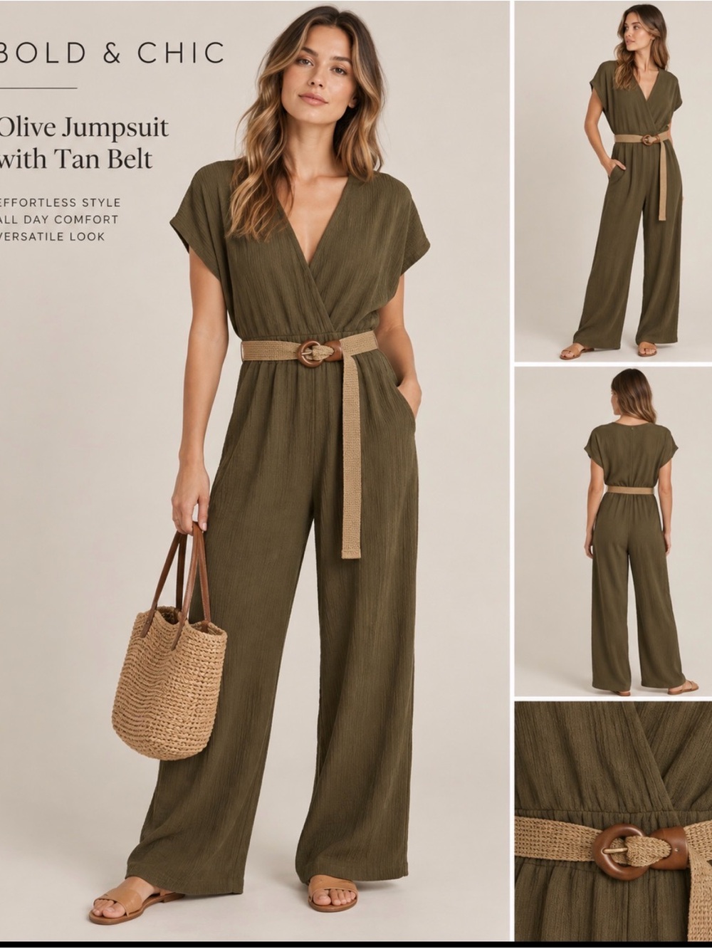 Bold & Chic Olive Jumpsuit with Tan Belt